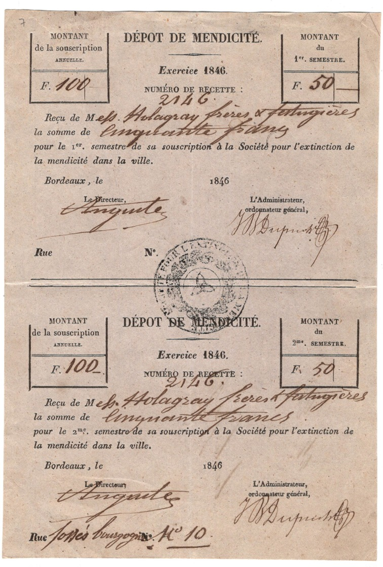 Depot De Mendicité  1846  BORDEAUX Holagray - Historical Documents