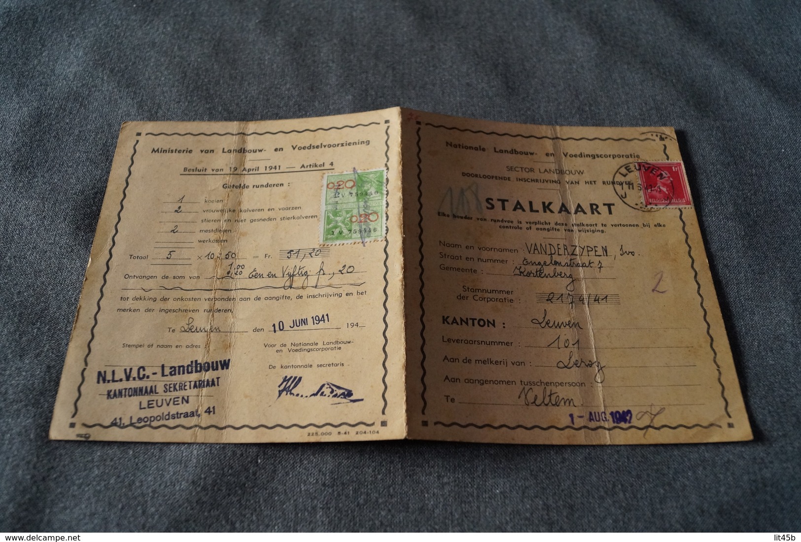 Stalkaart 1941-1942,secteur De Leuven,Vanderzypen à Kortenberg,original Avec Timbre Et Belle Oblitération,collection - Autres & Non Classés