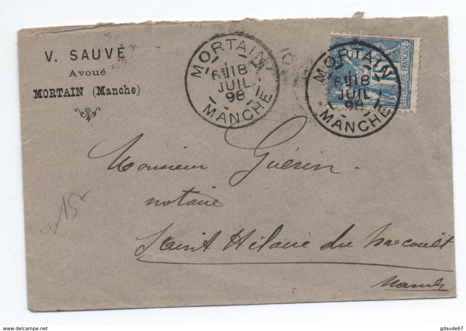 1898 - ENVELOPPE Avec EN TETE De MORTAIN (MANCHE) - TYPE SAGE - 1877-1920: Période Semi Moderne