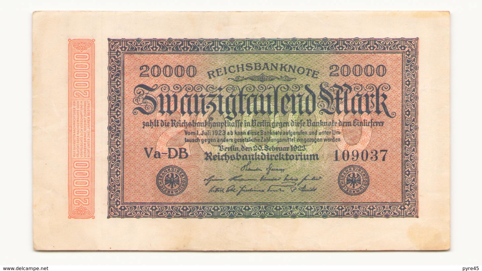 Allemagne Billet 20000 Mark, 1923 , ( Pliures, Déchirures, Rousseurs Taches  ) - 20000 Mark