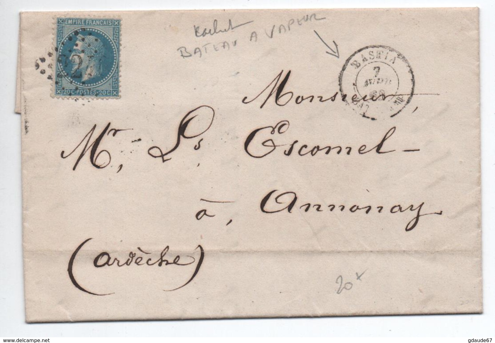 1869 - LETTRE De BASTIA (CORSE) Avec CACHET BATEAU A VAPEUR & GC 2240 De MARSEILLE - 1849-1876: Classic Period