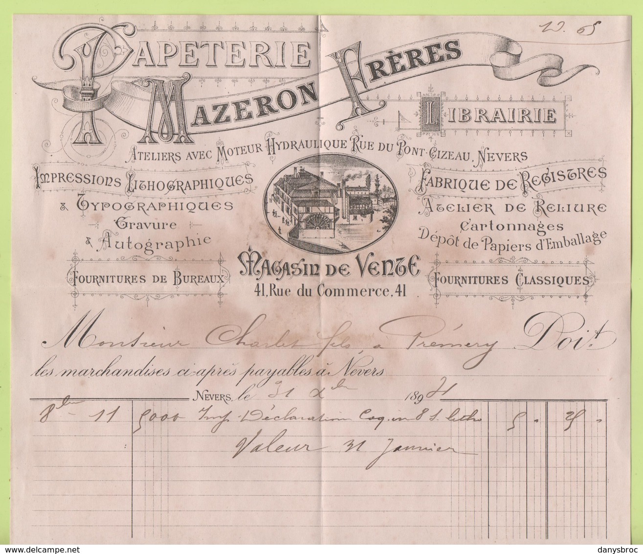 Papeterie Typographie, Gravures, MAZERON Frères 44 Rue Du Commerce à Nevers (58) Le 31/12/1894 Courrier Facture Document - Imprimerie & Papeterie