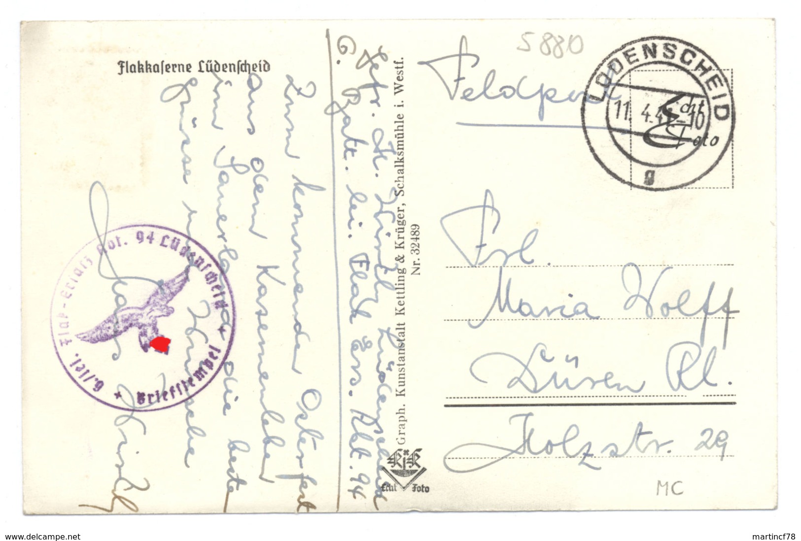 Flakkaserne Lüdenscheid Gel. 1941 Nach Düren L.Flak-Ers.Abt.94 Postkarte - Luedenscheid