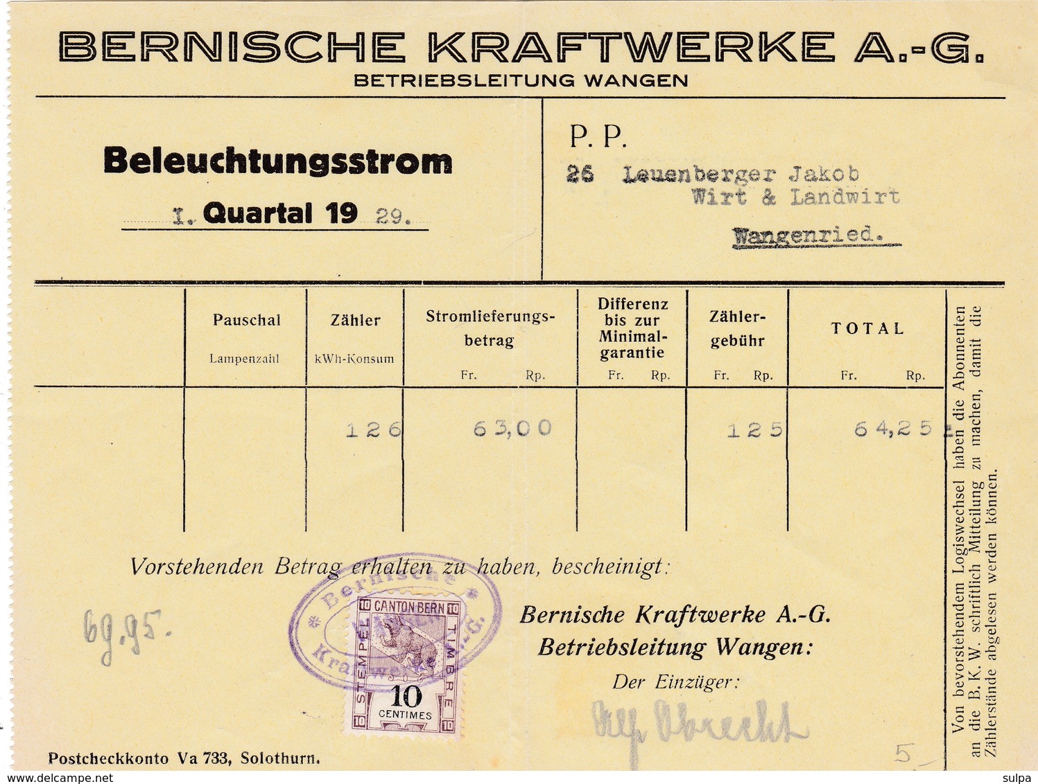 Rechnung BKW Bernische Kraftwerke AG, Mit Fiskalmarke, 1929 - Suisse