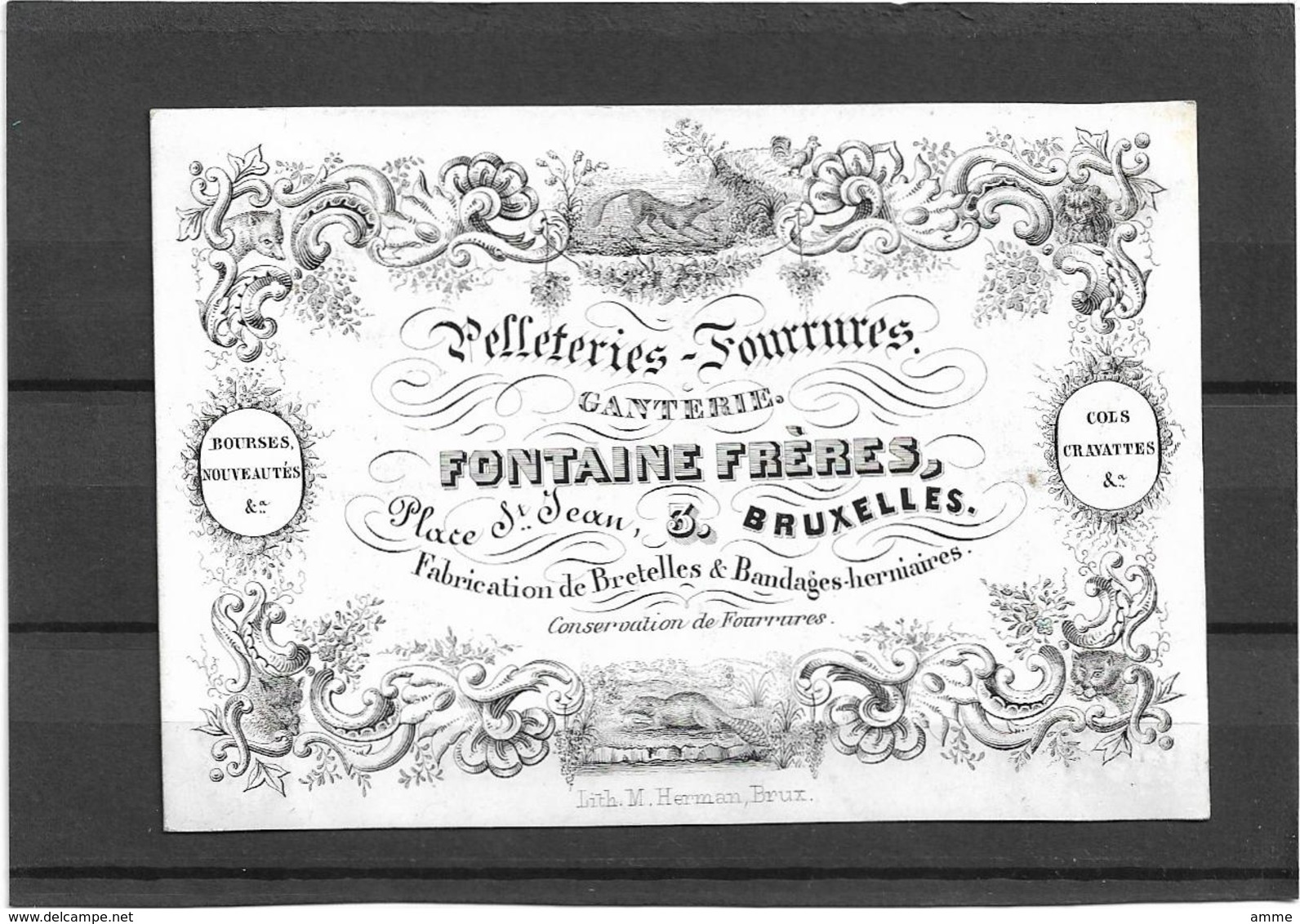 Bruxelles *  (Carte Porcelaine)  Pelleteries - Fourrures - Ganterie Fontaine Frères (Place St. Jean, 3) - Cartes Porcelaine