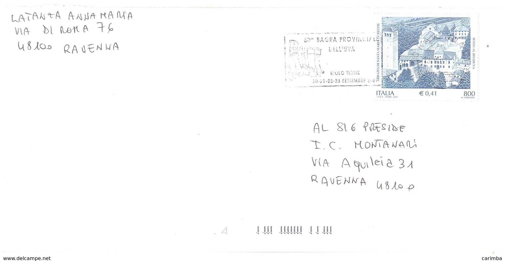 2001 £800 €0,41 SANTA MARIA IN SYLVIS CON ANNULLO TARGHETTA SAGRA UVA RIOLO TERME - 2001-10: Marcophilie