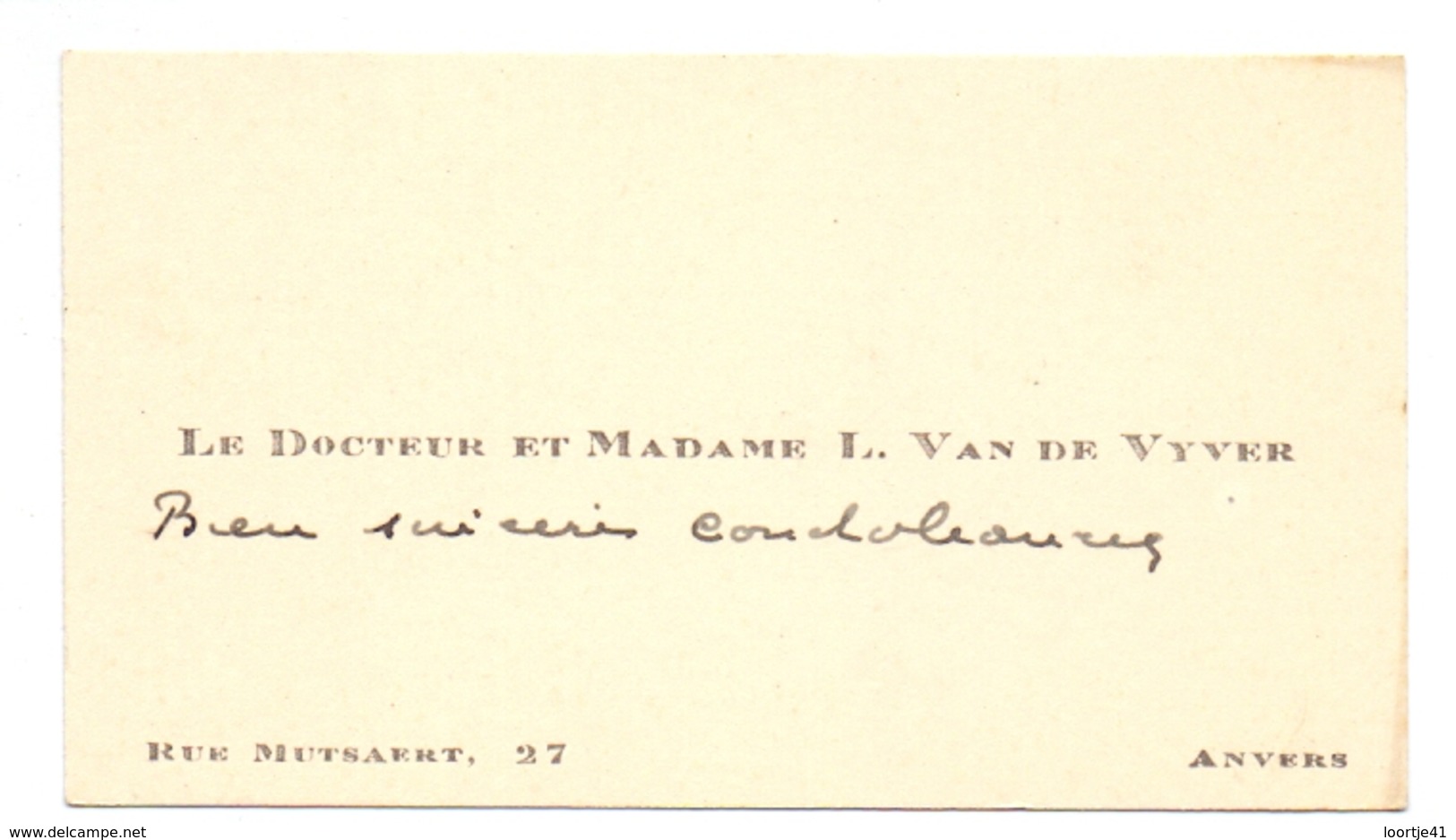 Visitekaartje - Carte Visite - Docteur & Mme L. Van De Vyver - Anvers  Antwerpen - Visitenkarten