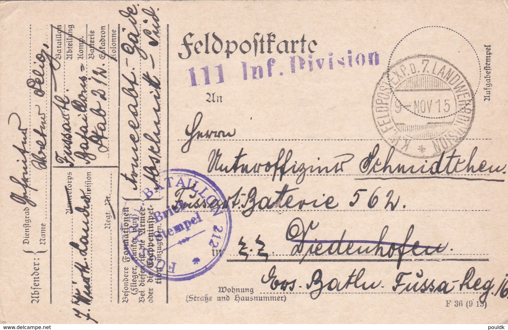 German Feldpost WW1: Fussartillerie Bataillon 212 (Stab) P/m KW Feldpostexp. D. 7. Landwehrdivision 9.11.1915 - Militaria