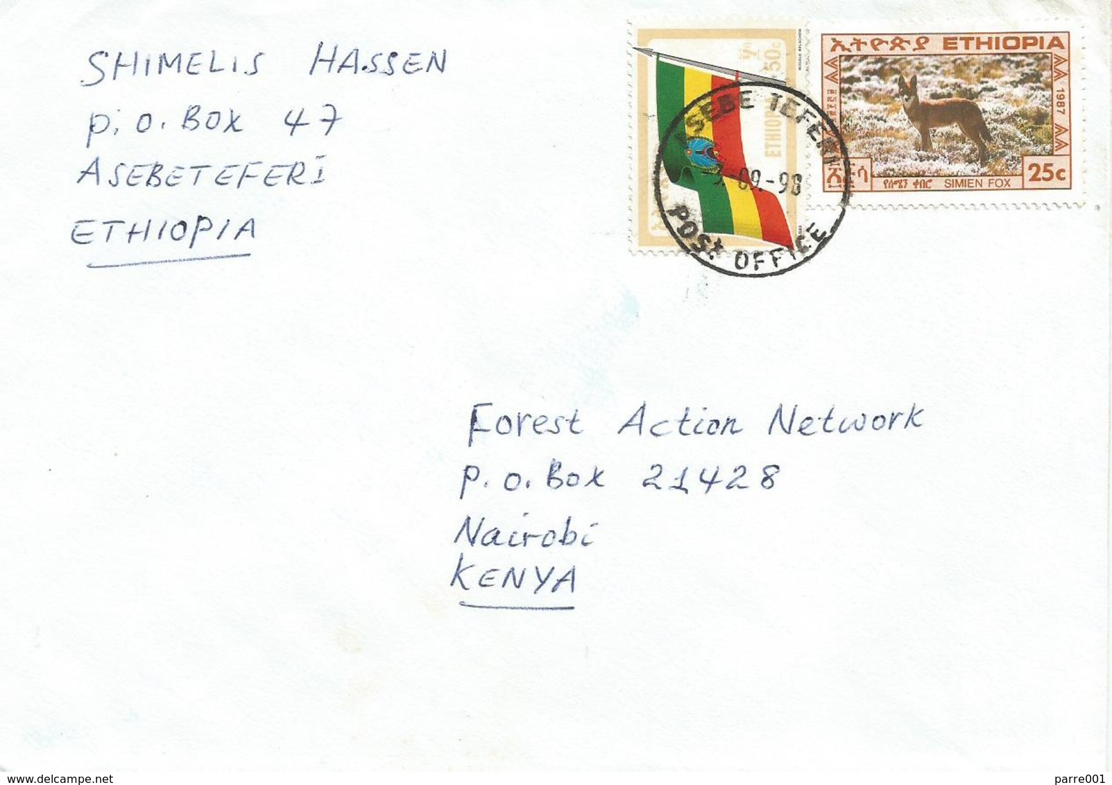 Ethiopia 1998 Asebe Teferi Siminen Fox Flag Cover To Kenya - Ethiopië