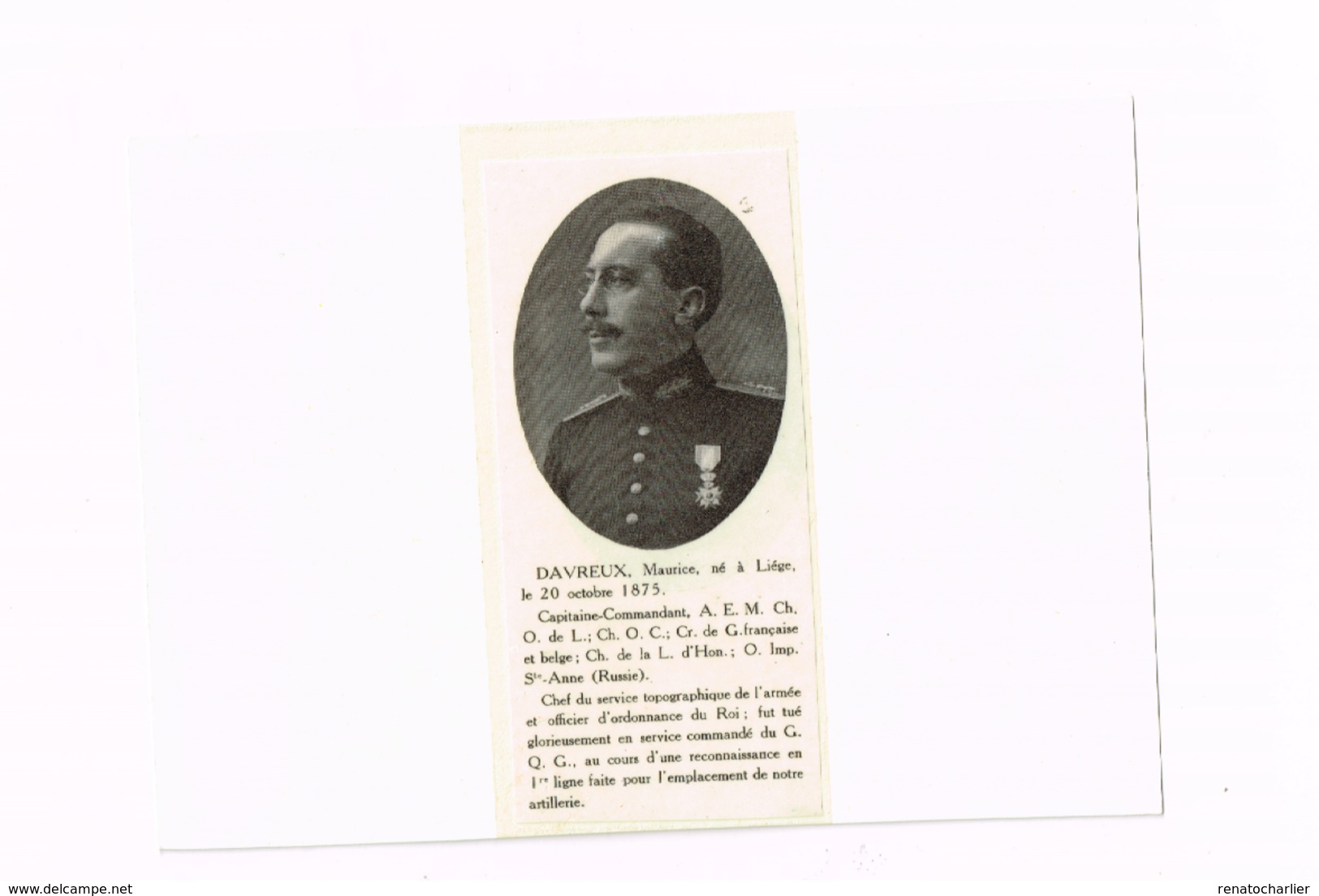 Davreux Maurice,Capitaine-Commandant.Officier D'ordonnance Du Roi,tué Au Cours D'une Reconnaissance. - Andere & Zonder Classificatie