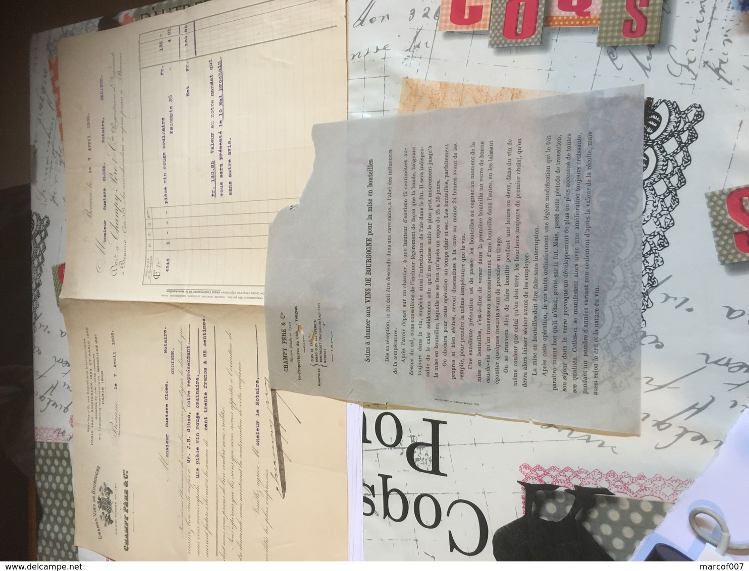 VINS CHAMPY ET PÈRE BEAUNE 1907 Pour Close à GEDINNE DOIBLE FACTURE À VOIR - Levensmiddelen