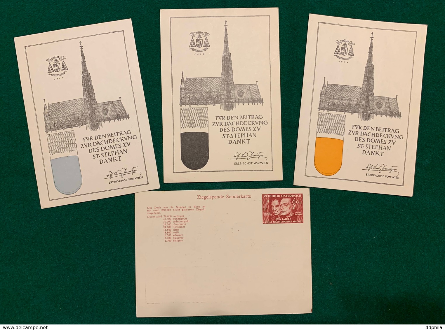 Wien, Stephansdom, 1949, 4 Postkarten, Für Den Beitrag Zur Dachdeckung Des Domes Zu St-Stephan Dankt - Briefe U. Dokumente