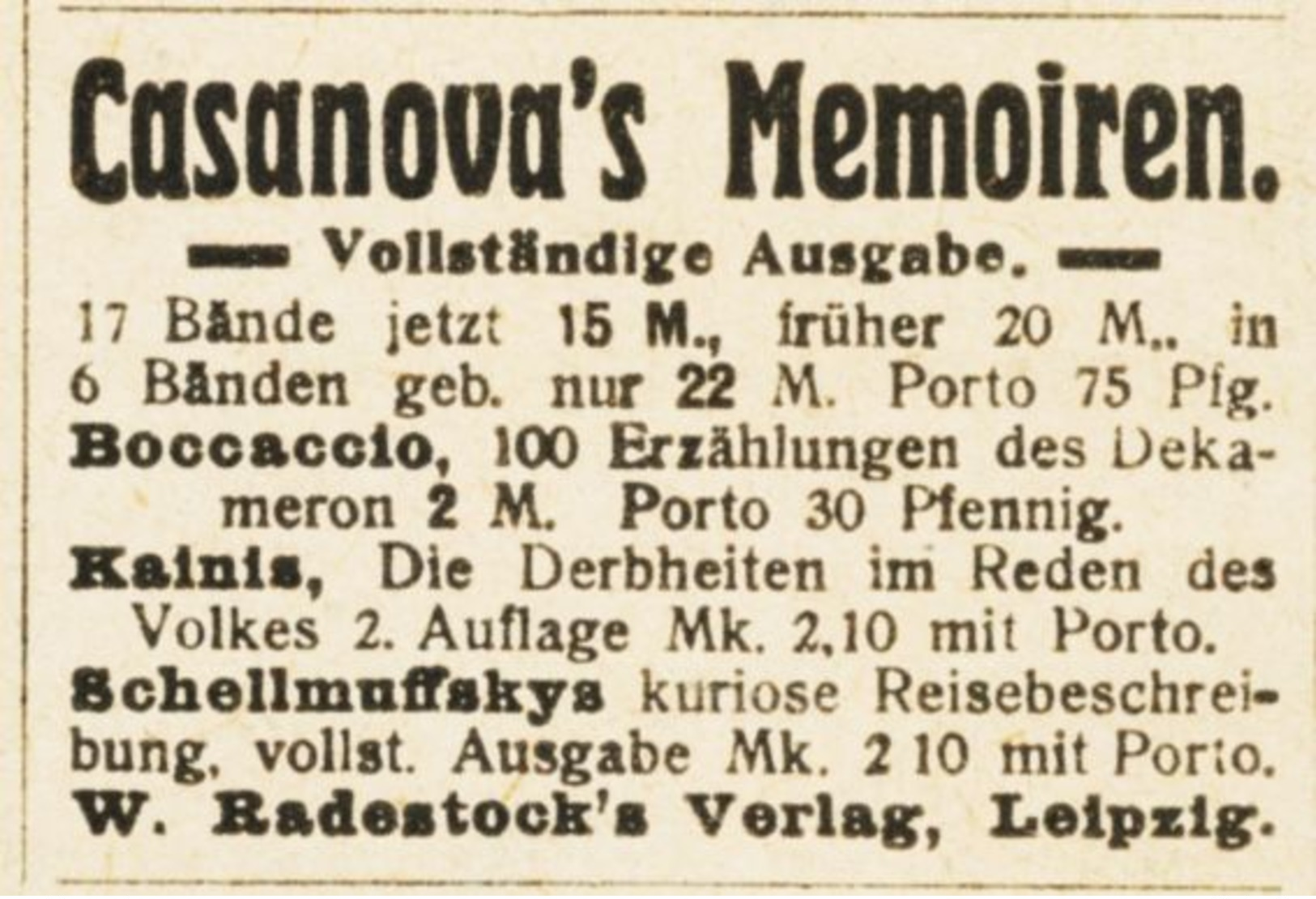 Original-Werbung/ Anzeige 1919 - CASANOVAS MEMOIREN / RADESTOCK'S VERLAG - LEIPZIG - Ca. 45 X 35 Mm - Publicités