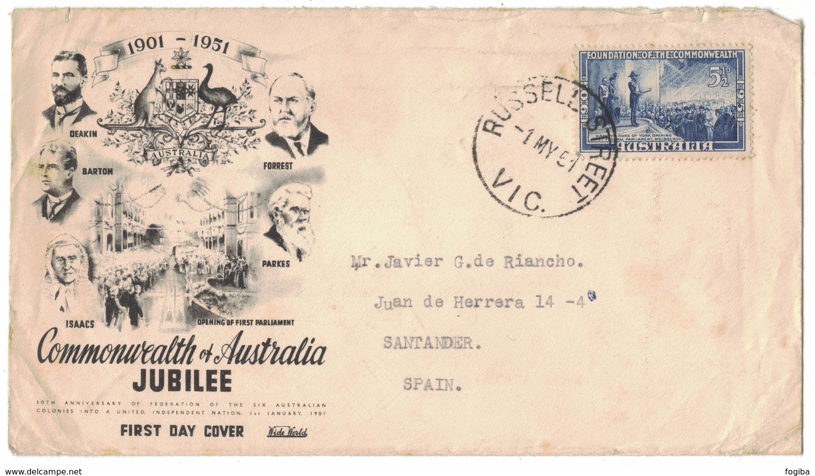 YN47     Australia 1951 Russell Street Melbourn, Cover FDC Sent To Santander Spain - Covers & Documents