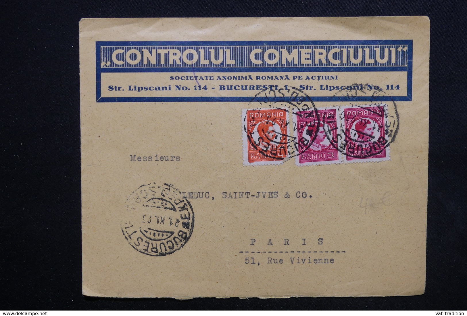 ROUMANIE - Enveloppe Commerciale De Bucarest Pour Paris En 1930 - L 24182 - Briefe U. Dokumente