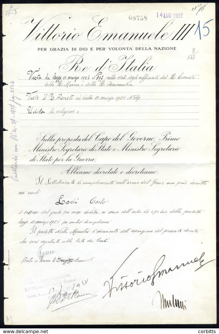 MUSSOLINI, BENITO & VICTOR EMMANUEL III Single Page Official Document Signed In Black Ink Across The Lower Portion By Mu - Other & Unclassified