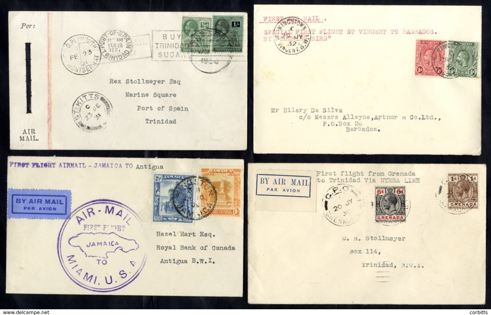 BRITISH WEST INDIES 1930-32 First Flight Covers (4), Grenada 1930 July 20th NYRBA St. Georges - Port Of Spain, Jamaica P - Andere & Zonder Classificatie