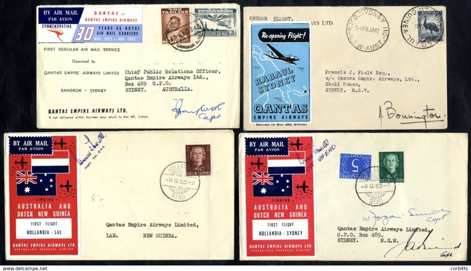 QANTAS First Flight Covers (4) 1947 July 17th Official Cover Rabaul - Sydney Pilot Signed, By 3 Pilots, Another But Holl - Autres & Non Classés