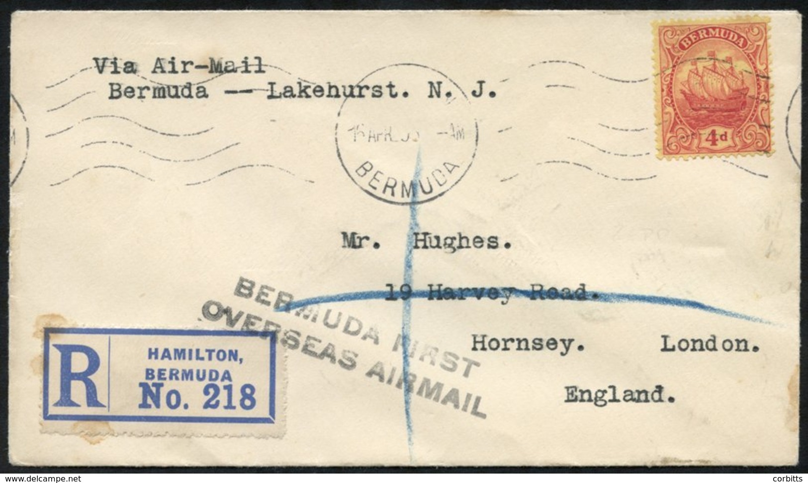 1925 Registered Envelope To England With 4d Cancelled Hamilton 16.AP.25, New York 4.24.1925 Arrival Cancels On Back. BER - Sonstige & Ohne Zuordnung