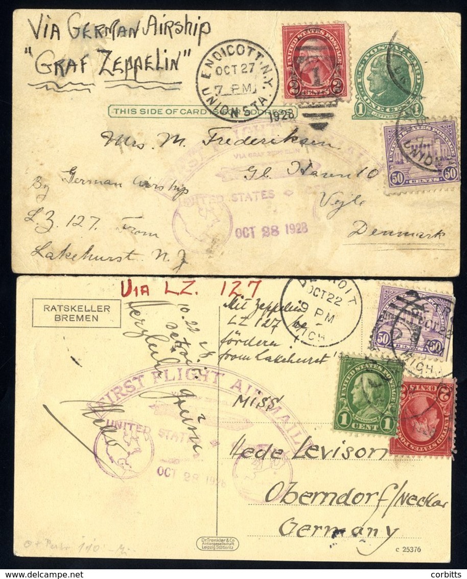 1928 First USA Flight - Return 1c Postal Stationery Card To Denmark Uprated 2c + 50c, Cancelled New York, Bears Violet F - Autres & Non Classés