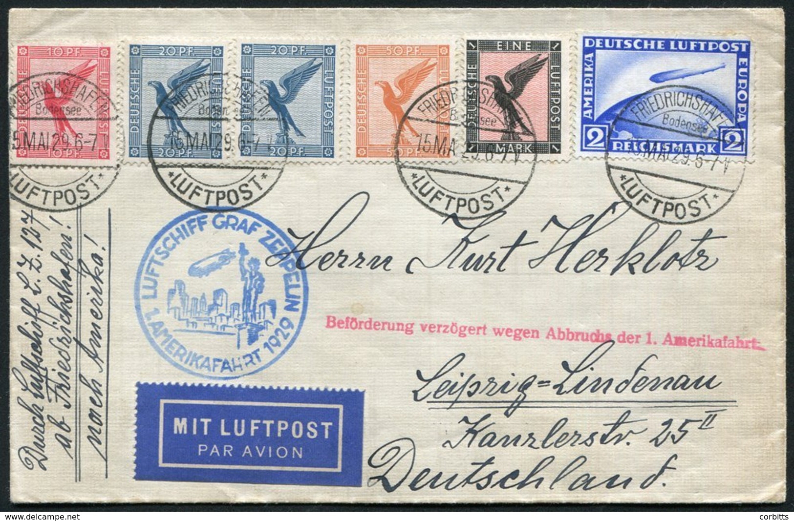 1929 First America Flight Cover Franked Various Airmails Incl. 2rm Zeppelin, Tied Friedrichshafen Luftpost C.d.s's, Blue - Sonstige & Ohne Zuordnung