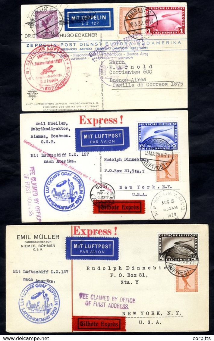 1929 First America Flight Card & Envelope To New York, Franked 2rm & 4rm Zeppelin Respectively; Also 1932 South America  - Autres & Non Classés