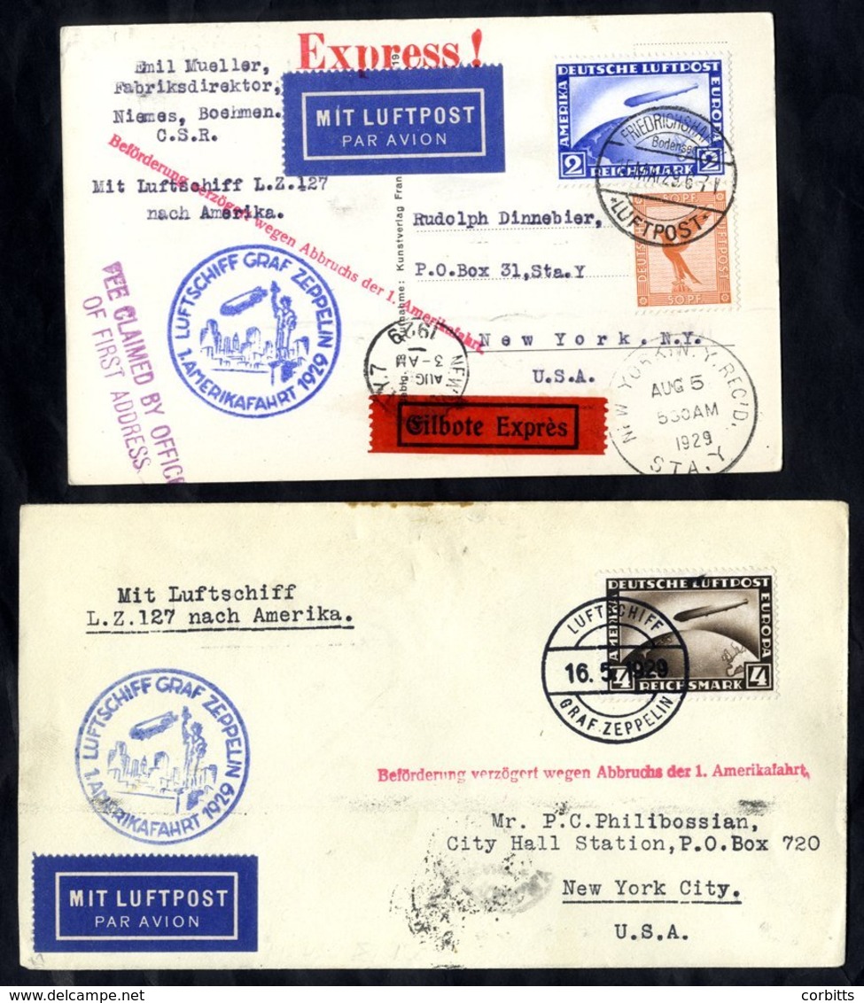 1929 First America Flight Envelope & Card To New York, Franked 2rm & 4rm, Cancelled Friedrichshafen Luftpost C.d.s,  Bot - Autres & Non Classés
