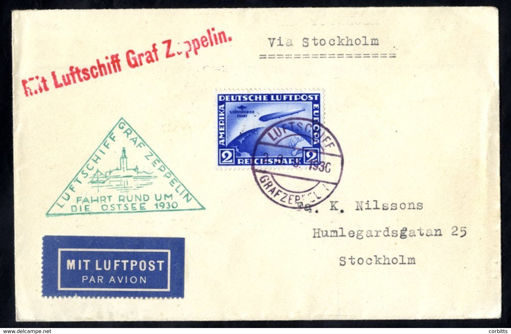 1930 Ostsee Flight Envelope To Sweden, Franked 2rm Zeppelin, SG.456a (Cat. £500), Cancelled 'Luftschiff Graf Zeppelin.'  - Autres & Non Classés