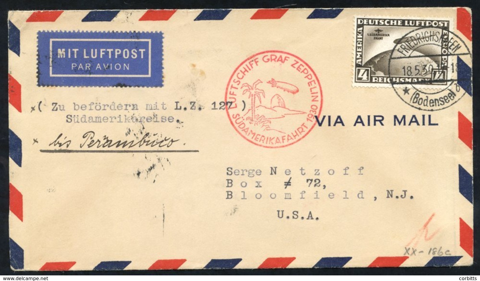 1930 South America Flight 4m Sepia Used On Flown Cover To USA Via Pernambuco, Usual Red Cachet. Stamp Alone Cat. £500. ( - Sonstige & Ohne Zuordnung