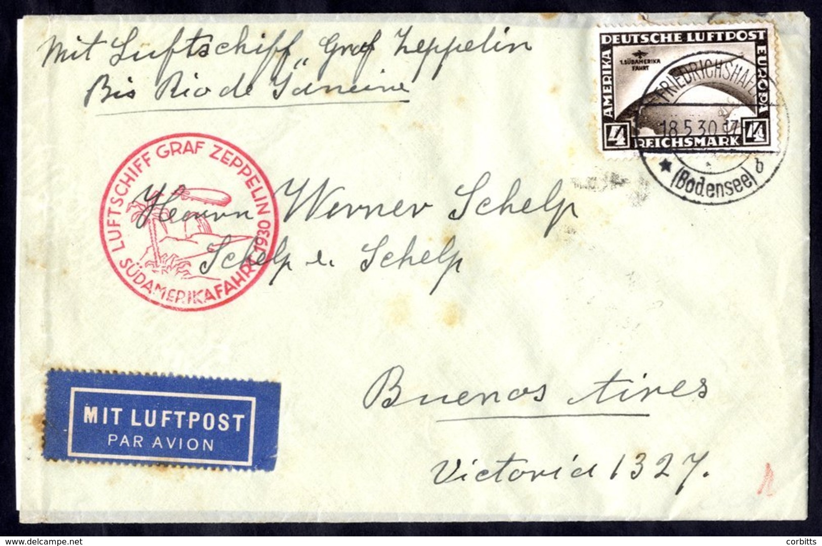 1930 South America Flight Envelope To Buenos Aires Annotated 'Vai Rio Di Janeiro,' Franked 4rm Zeppelin Commemorative, C - Andere & Zonder Classificatie