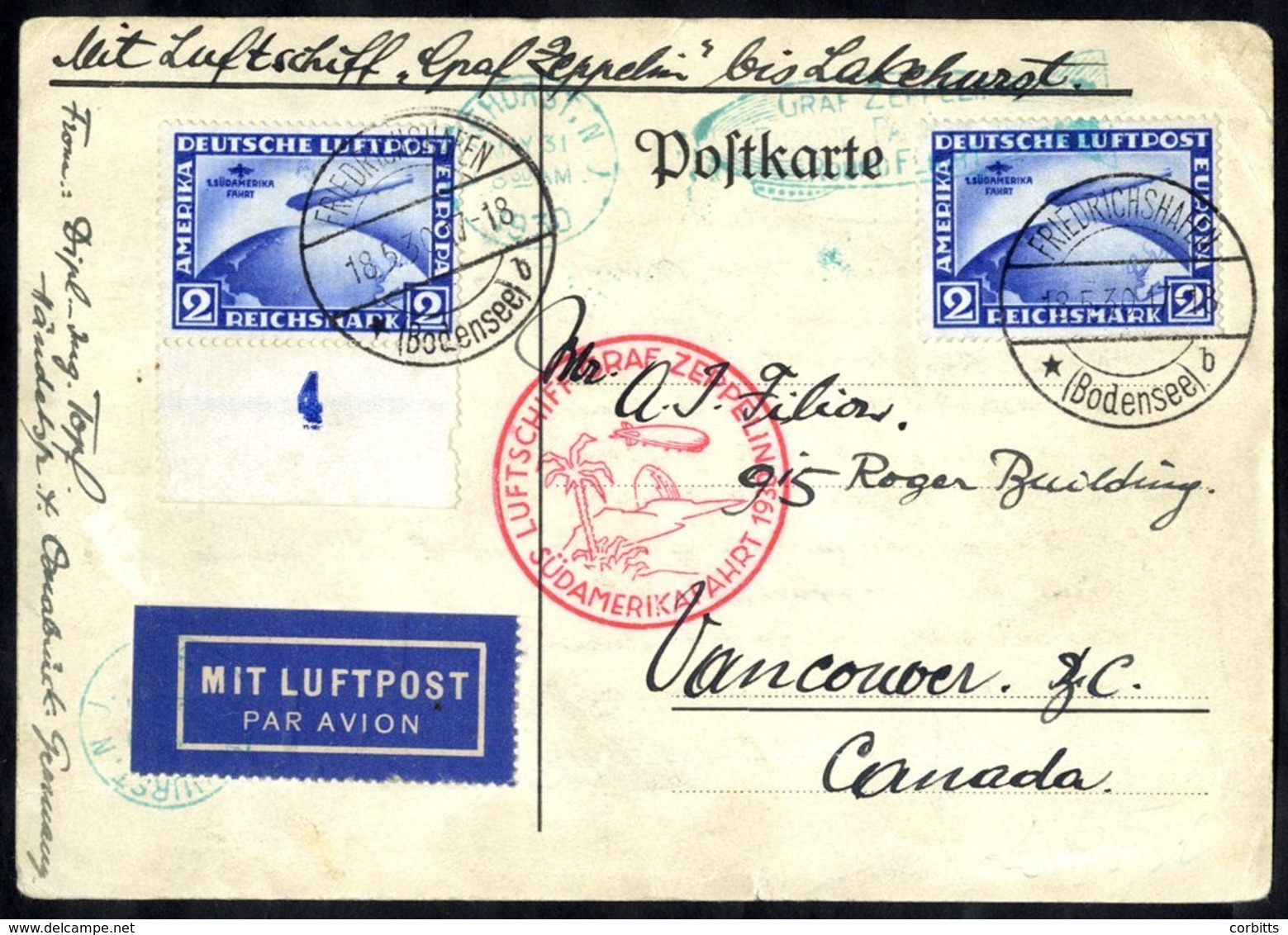 1930 South America Flight Card To Canada (long Message In English), Franked Two 2rm Commemorative Zeppelins, Cancelled F - Autres & Non Classés