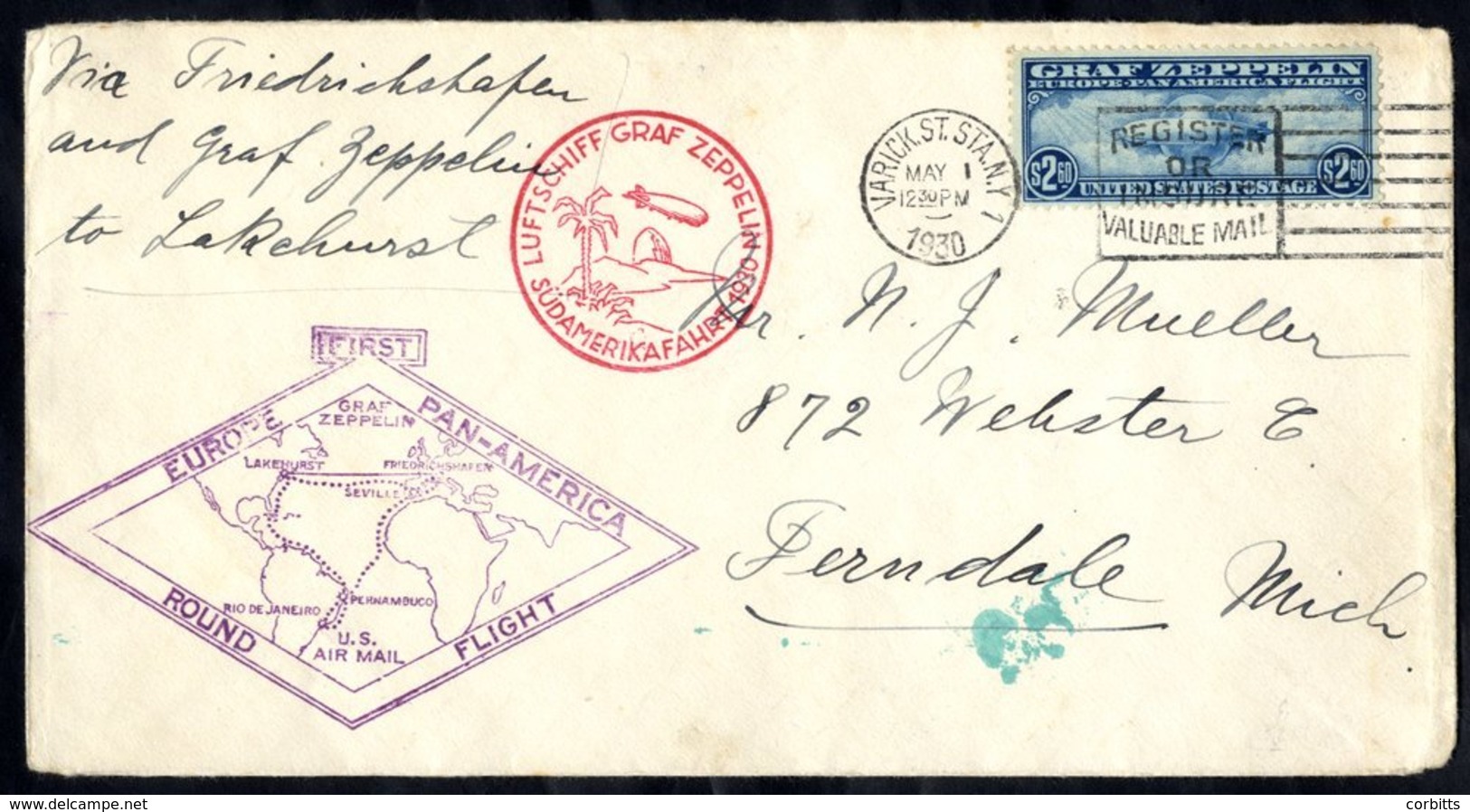 1930 South America Flight US Acceptance Envelope To Michigan, Franked $2.60 Zeppelin Adhesive, Tied New York Slogan Canc - Sonstige & Ohne Zuordnung