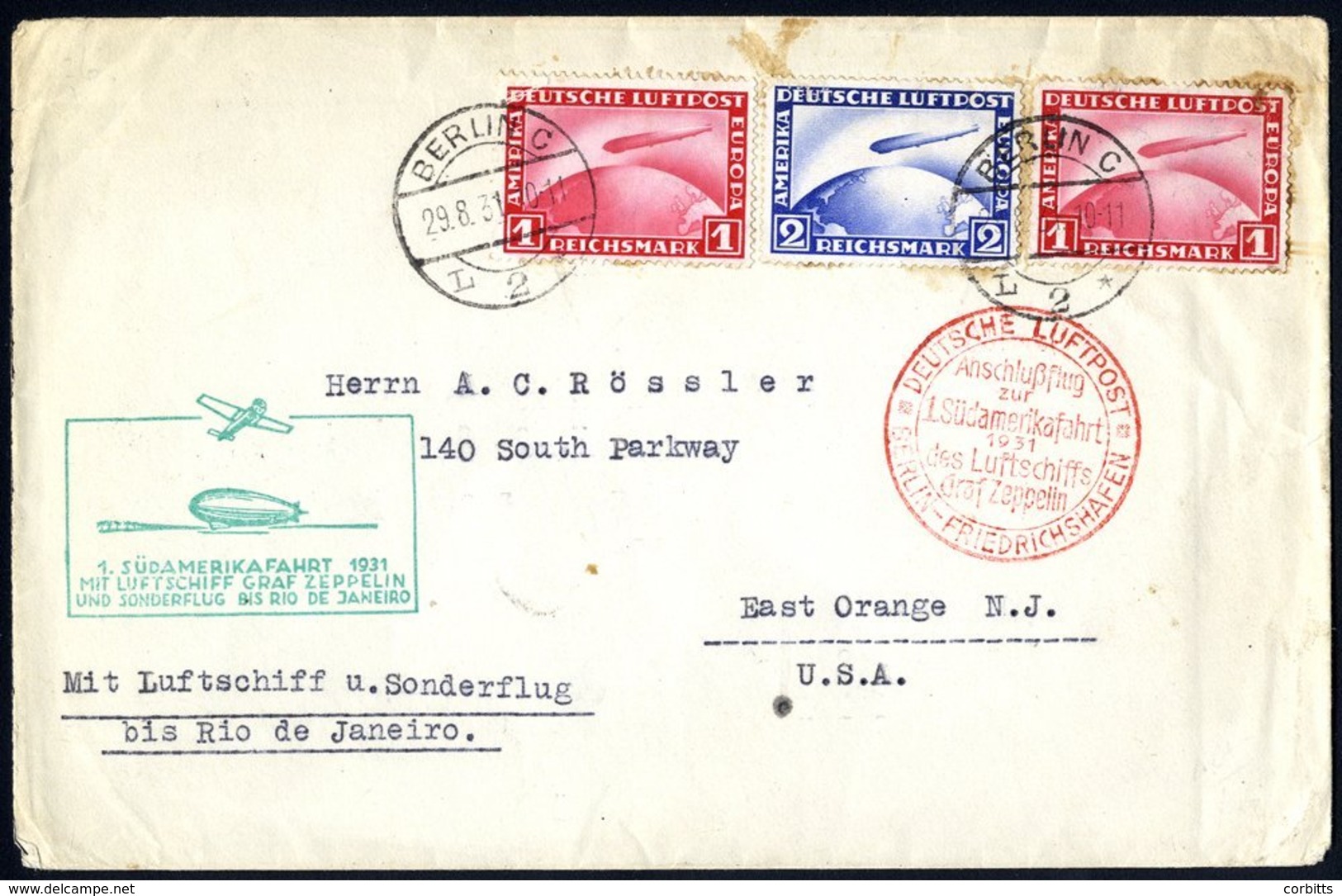 1931 Combined First South America & Rio Catapult Flight Envelope To USA, Franked 1rm (2) & 2rm Zeppelins Cancelled Berli - Autres & Non Classés