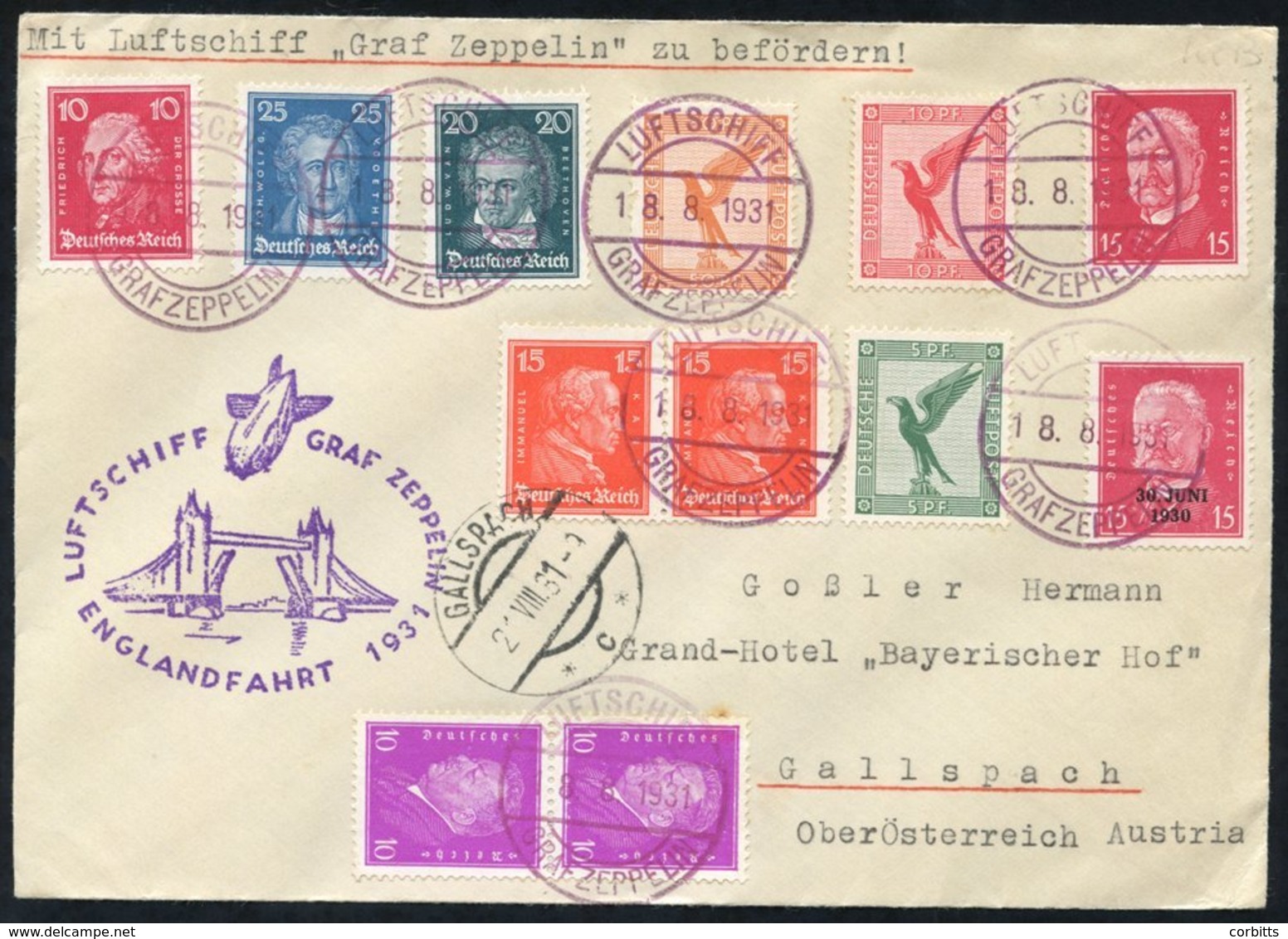 1931 Multi Franked Cover Flown To Gallspach, Austria Via The England Flight, Various German Vals Tied With 'on Board' Ca - Andere & Zonder Classificatie