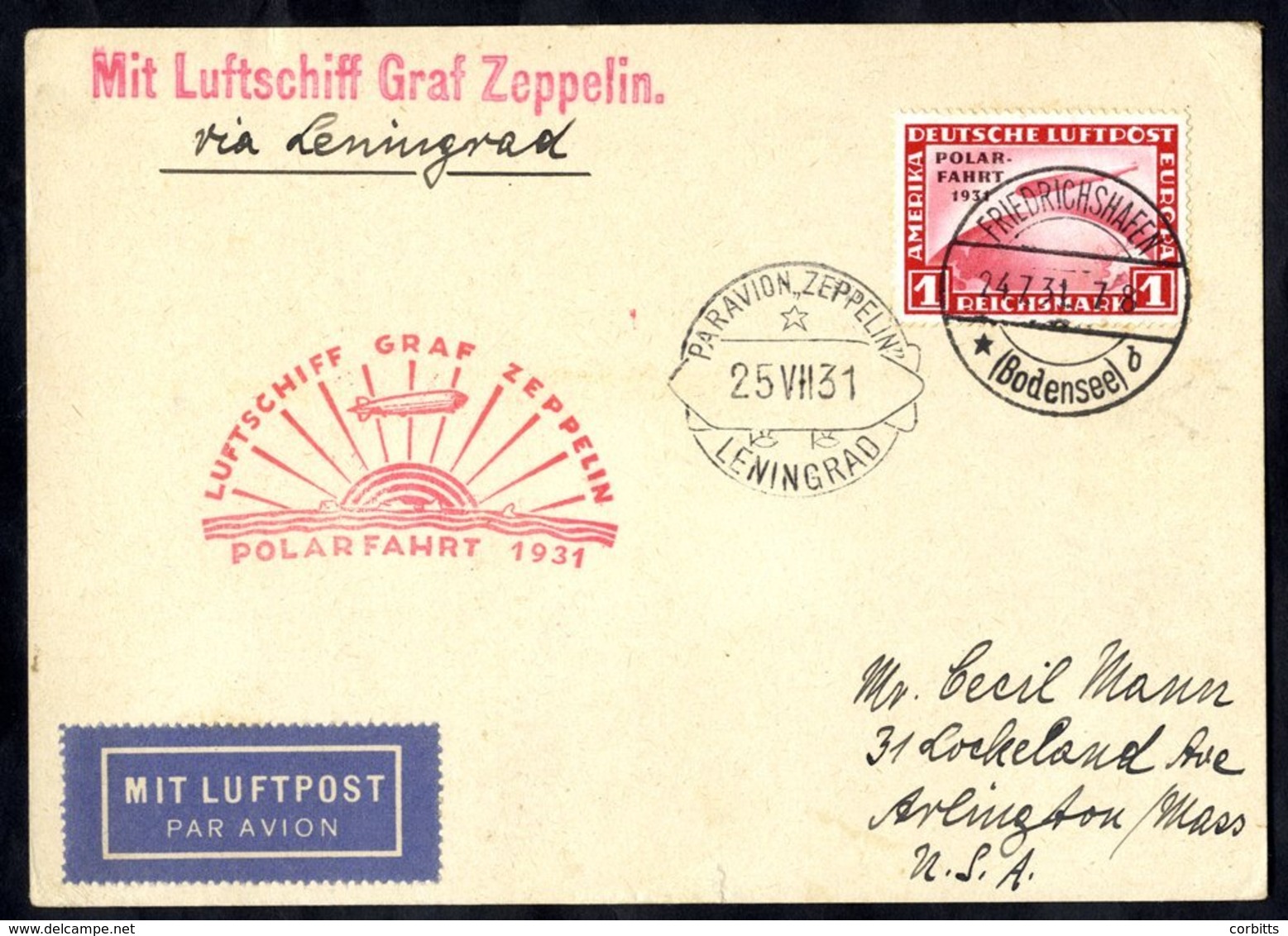 1931 Polar Flight Flown Cover Franked 1m Zeppelin, SG.469 To USA Enclosed 'Via Leningrad' With Red Polar Cachet & Lening - Other & Unclassified