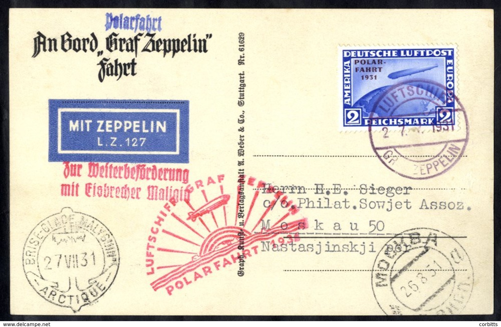 1931 Polar Flight PPC Of LZ127 Franked 2m Zeppelin, SG.470 Tied With 'On Board' Cancel, Red Flight & Malygin Polar Cache - Sonstige & Ohne Zuordnung