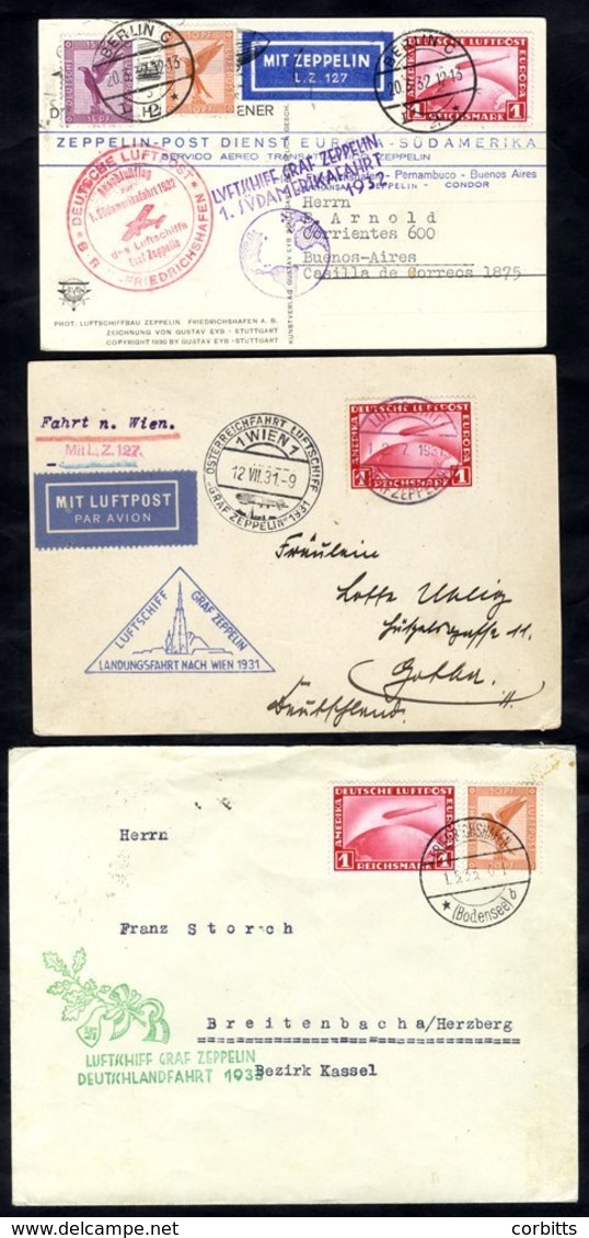 1931-33 Vienna First South America & Deutschland Flight Cards & Envelope, All Franked 1rm Zeppelin & Other Vals, Bearing - Autres & Non Classés