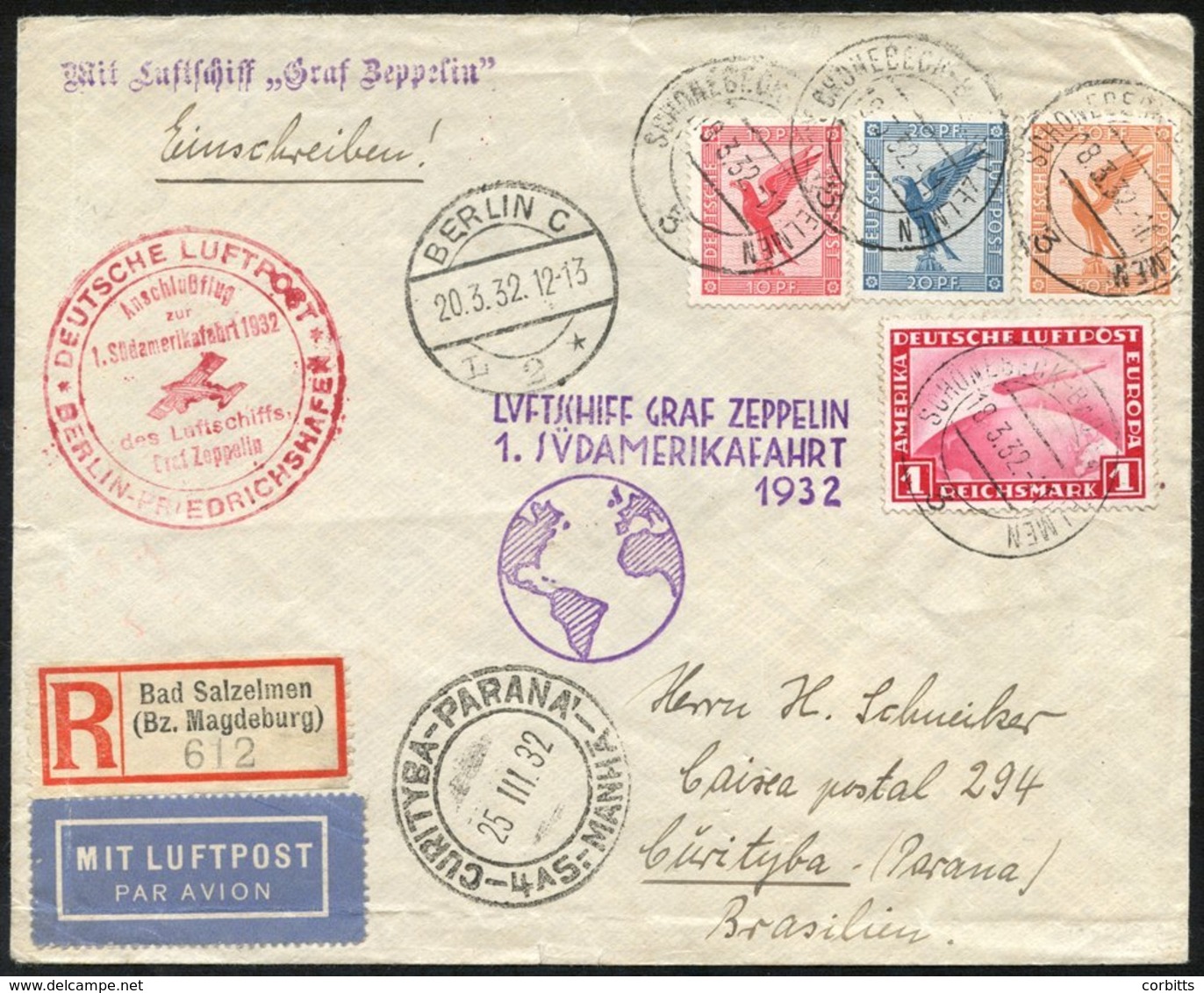 1932 First South America Flight Reg Cover From Shonebeck To Brazil Via Berlin Connecting Flight To Friedrichshafen With  - Sonstige & Ohne Zuordnung