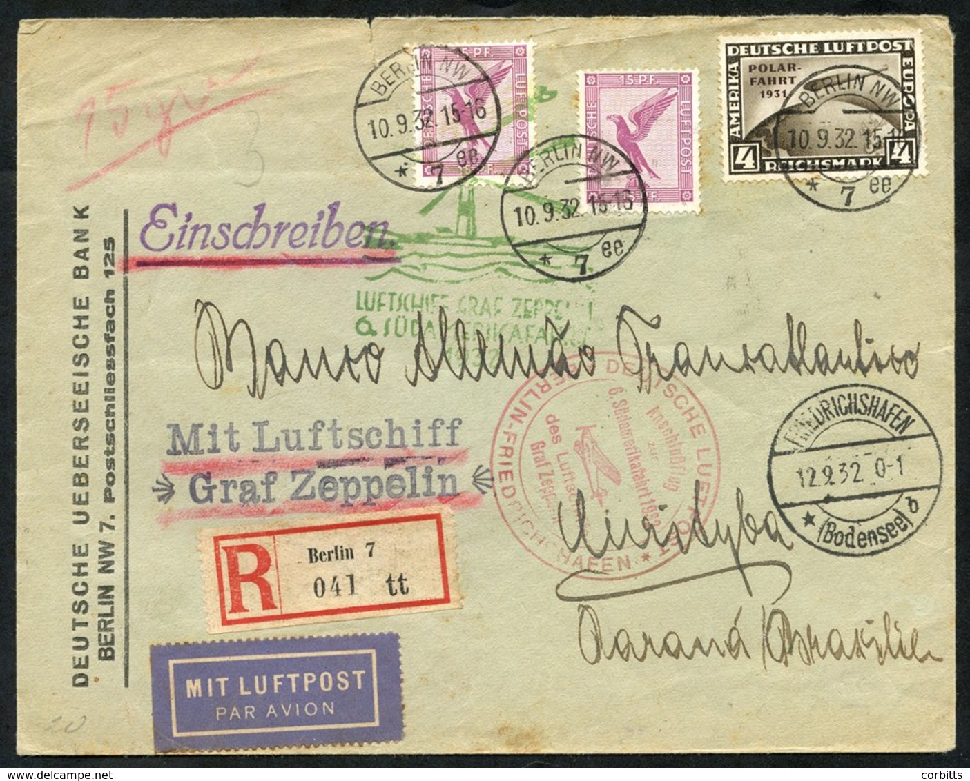 1932 Sixth South America Flight Registered Envelope To Brazil, Franked 15pf (2) Eagle Air + 4rm. Polar Flight Zeppelin C - Autres & Non Classés