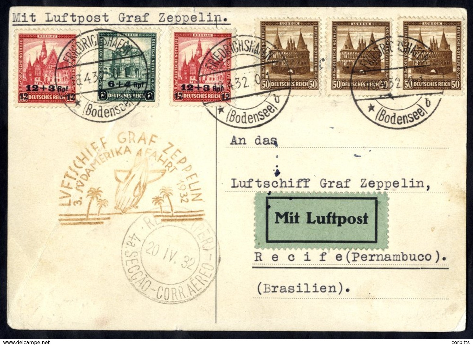 1932 Third South America Flight Card To Recife, Franked Three 50pf 1931 Nothilfe + Later 1932 Surcharged Pair Cancelled  - Sonstige & Ohne Zuordnung