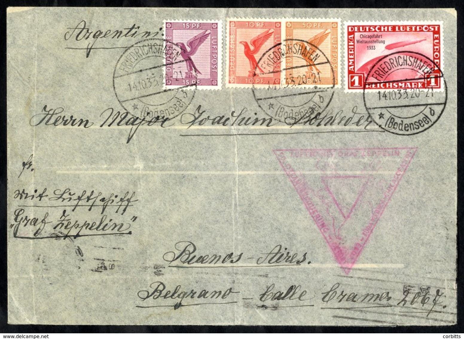 1933 Chicago Flight Envelope To Buenos Aires, Franked 10pf, 15pf & 50pf 'Eagle' Airs + 1rm Commemorative Zeppelin (Cat.  - Sonstige & Ohne Zuordnung