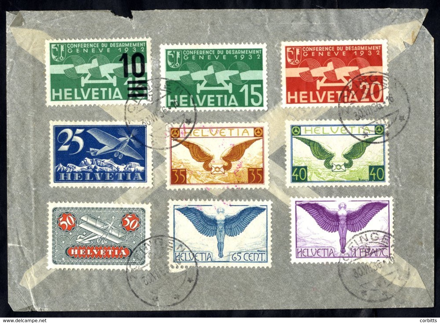 1936 Chicago Flight Envelope (faults) With Cachet Franked On Reverse, Nine Different Swiss Airmail Vals To 1fr, Cancelle - Autres & Non Classés