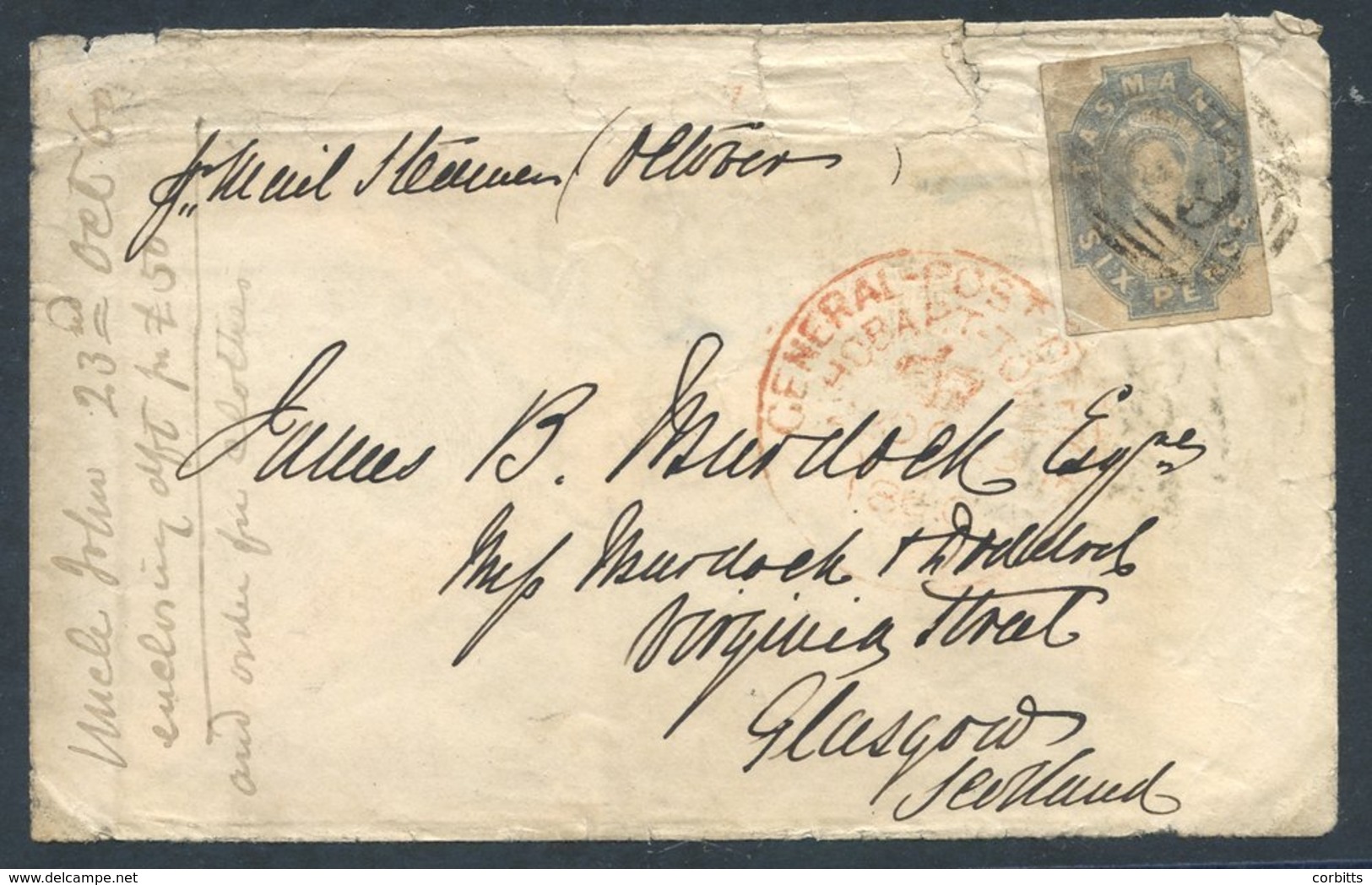 1860 Cover From Hobart To Glasgow Bearing 6d Grey Violet (SG.46) Touching To Large Margins, Tied Barred Oval Numeral '62 - Sonstige & Ohne Zuordnung