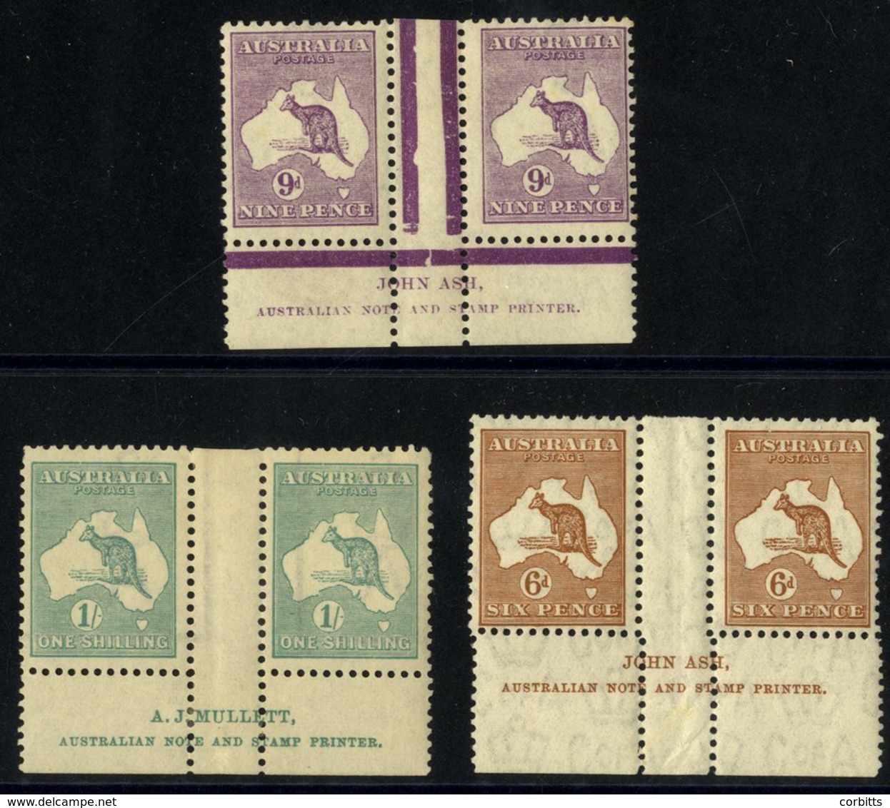 1916-32 Roo's Lower Marginal Imprint Gutter Pairs For 9d SG.39 (1x UM), 1s SG.40b (1x UM), 6d SG.132 UM - Vertical Creas - Autres & Non Classés