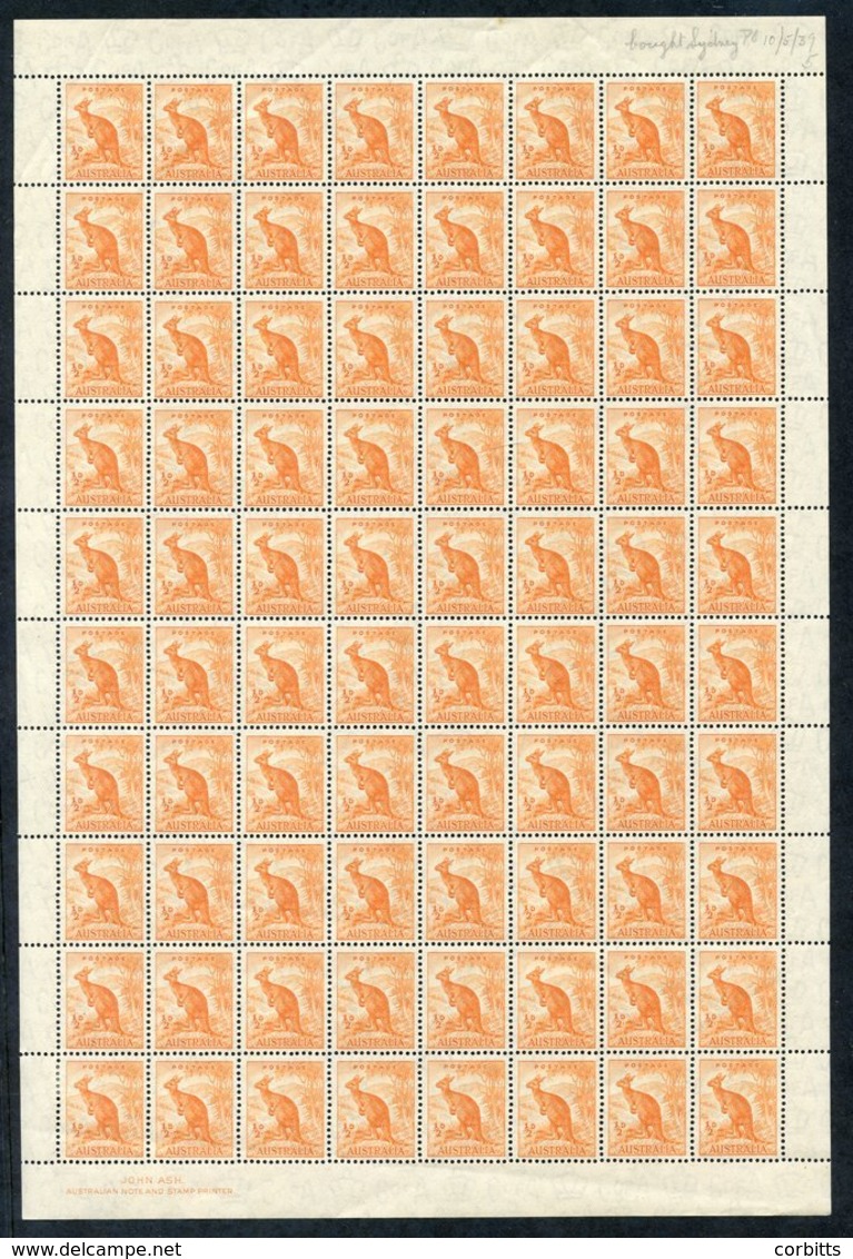 1938 ½d Wallaroo UM Sheet Of 80 (a Handful With Gum Creases). SG.164. Cat. £200+ - Autres & Non Classés