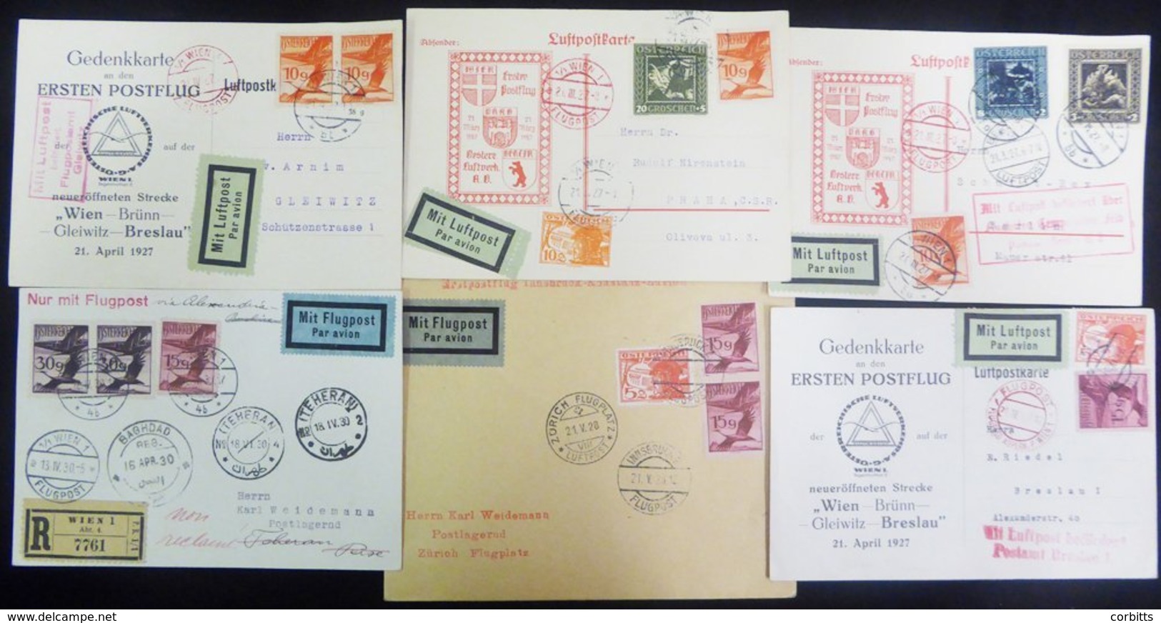 1927-30 First Flight Covers (6) Incl. 1927 OLAG/CSA/LUFTHANSA Vienna - Berlin Official Oflag Card, Another For Vienna -  - Autres & Non Classés