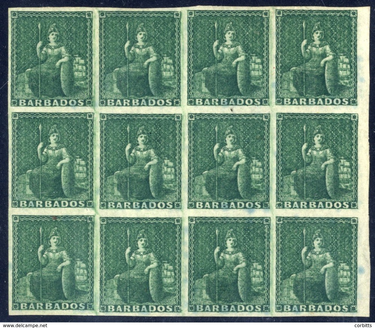 1852 (Apr) - 1855 No Wmk Imperf On Blued Paper (½d) Deep Green Block Of Twelve (4x3) Large Part O.g With Centre Row UM,  - Autres & Non Classés