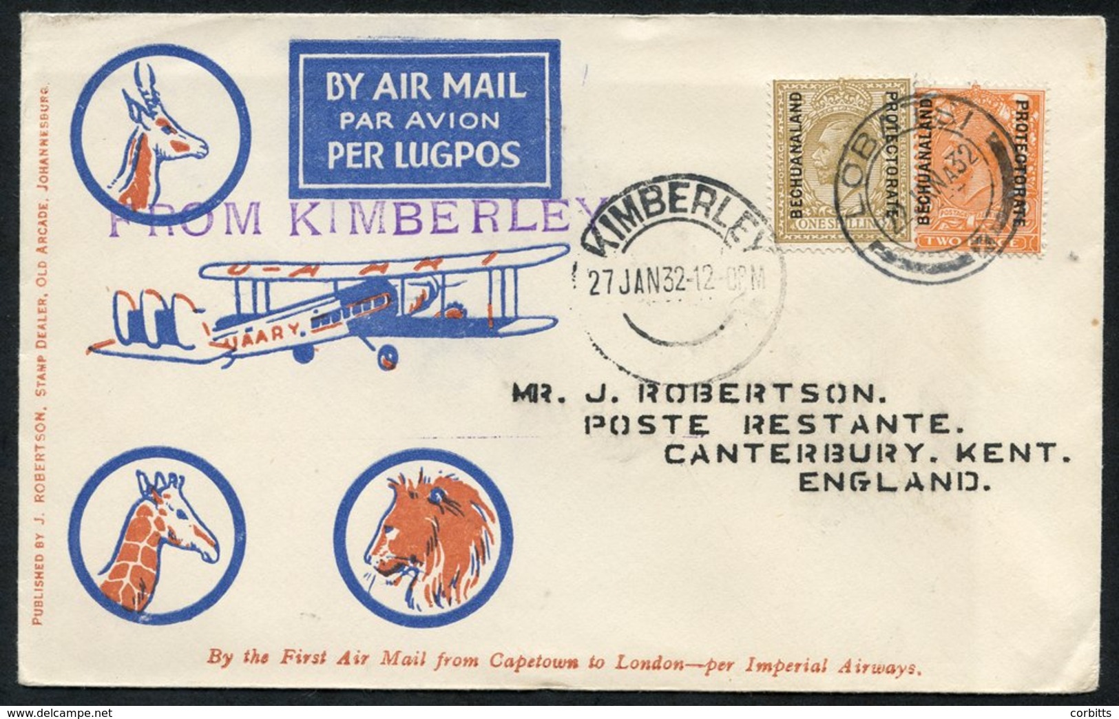 1932 Jan 27th Acceptance For Imperial Airways First Flight Kimberley - London, Robertson Cover Franked 2d & 1s Adhesives - Sonstige & Ohne Zuordnung