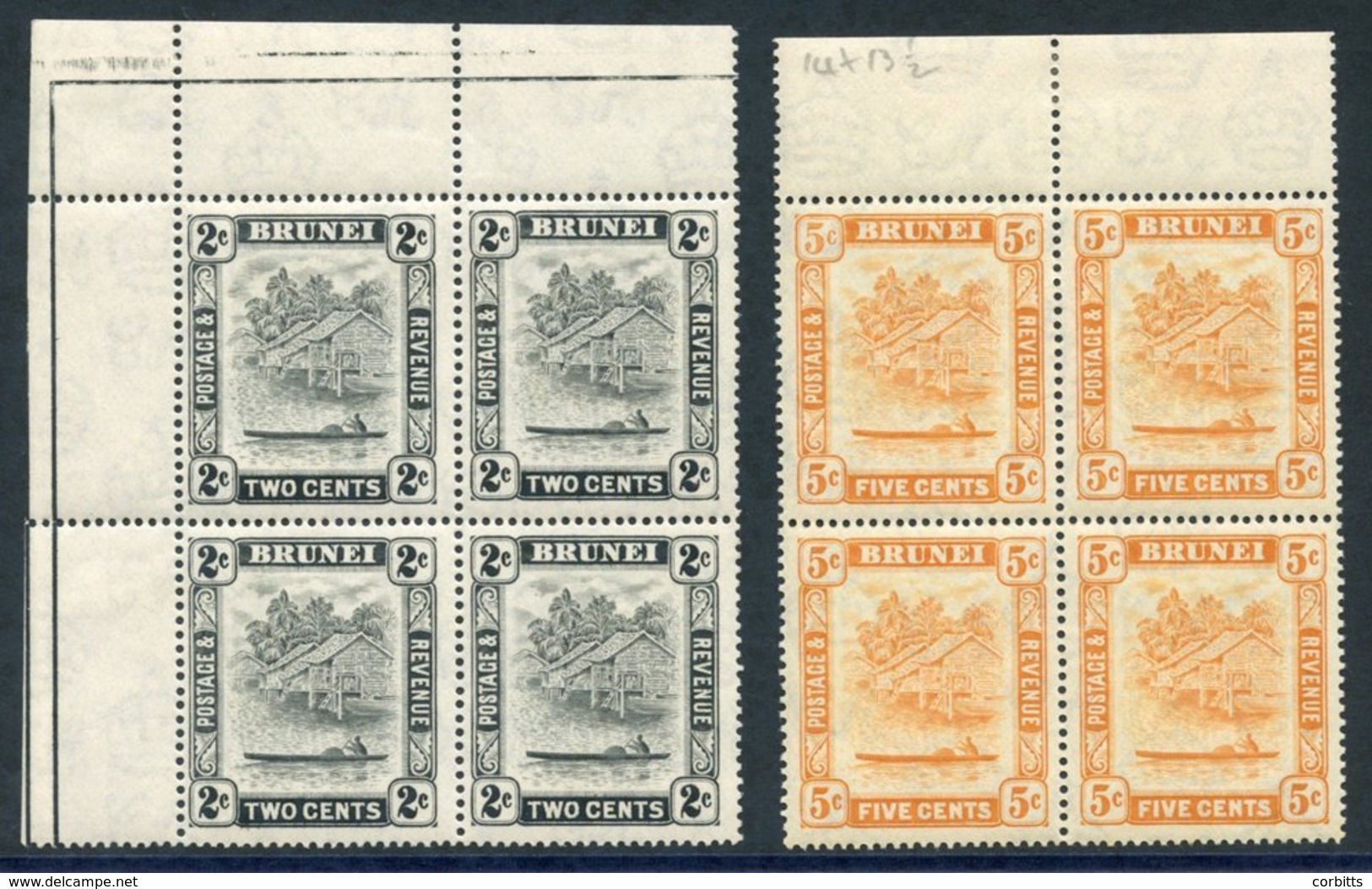 1947-51 2s Grey Upper Left Corner Marginal UM Block Of Four Incl. 'redrawn Clouds' SG.80ac, 5c Orange Perf 13½ X 14½ Top - Autres & Non Classés