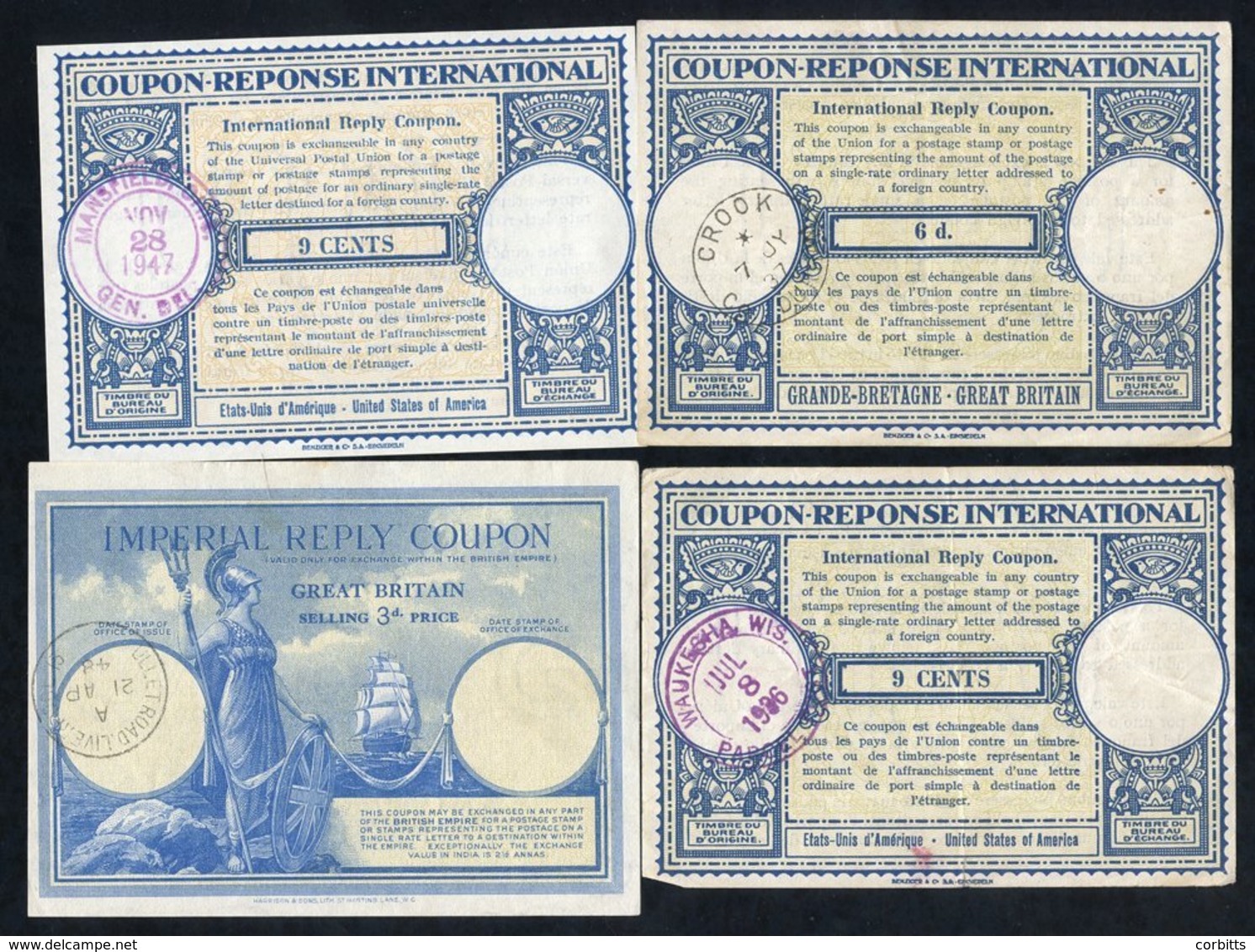 International Reply Coupons (9) Three From GB, Two From USA, One Each From New Zealand, Canada & Australia. All Used. - Autres & Non Classés